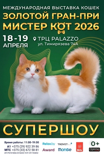 Международная выставка кошек "Золотой Гран-При Мистер Кот - 2026"  Минске 18 апреля 2026 